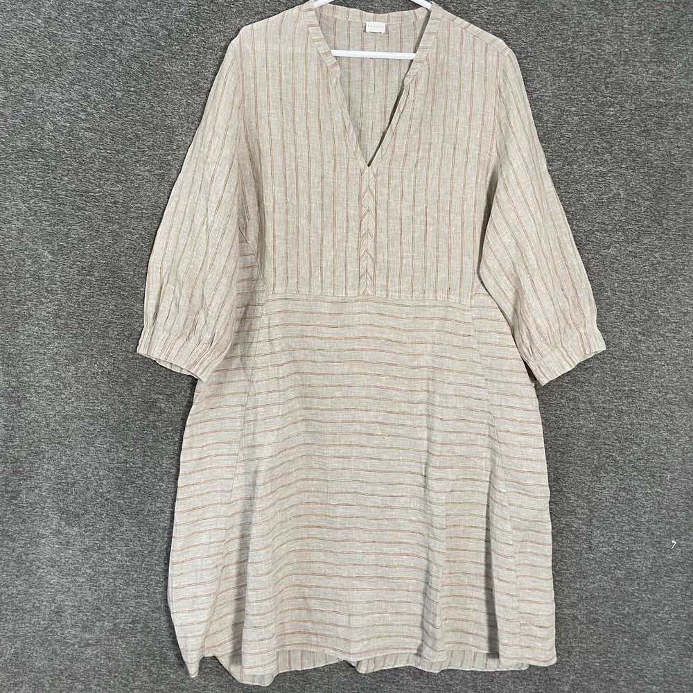 Poetry Dress Womens 14 Beige Striped Linen V Neck Shift Midi 3/4 Sleeve Boho